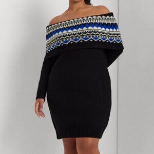 NEW Lauren Ralph Lauren Women's 2X Plus Off-The-Shoulder Fair Black Wool Dress
